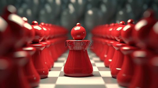 小脸通红背景图片_卡通红棋王站在一排棋子前的 3D 渲染