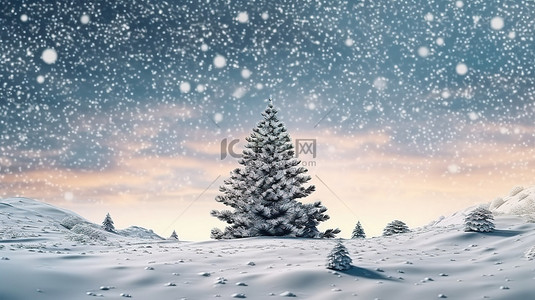 节日松树和雪背景的圣诞快乐 3D 渲染插图