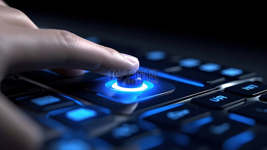 搜索网页背景图片_1 黑色键盘的特写视图，带有蓝色网页设计按钮，由计算机用户 3D 渲染按下，背景模糊