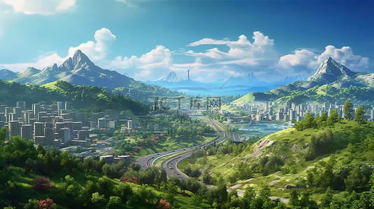 宁静景观中的山区乡村城市 3D 描绘