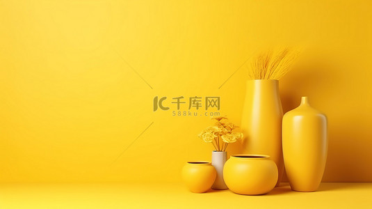 陶瓷花盆背景背景图片_黄色背景中 3D 渲染的极简主义黄色陶瓷花瓶和花盆，拥有充足的复制空间，非常适合家居装饰
