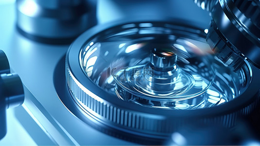 现代实验室显微镜物镜的蓝色背景 3D 渲染在极端特写中
