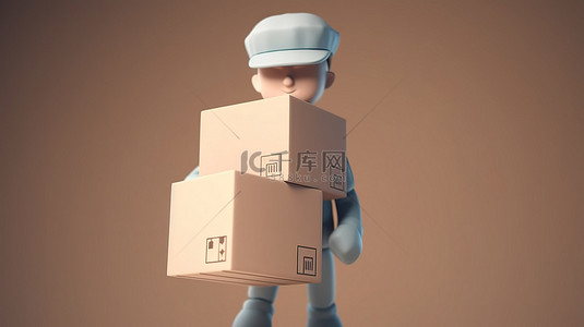 3D 男模型，带有象征运输和包裹递送概念的纸板箱