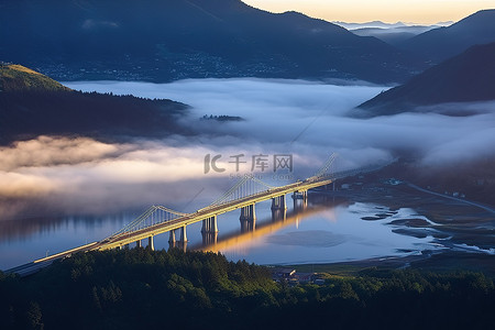 阳光下看到一座桥，上面有晨雾