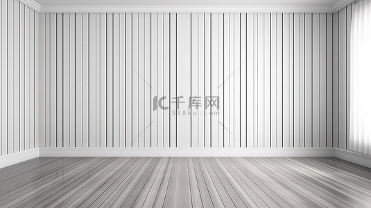 3D 渲染在没有家具的房间里的木板木地板和白色条纹壁纸墙上的特写
