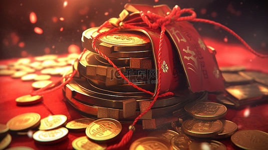 金币和红钱袋财富和繁荣的 3d 渲染