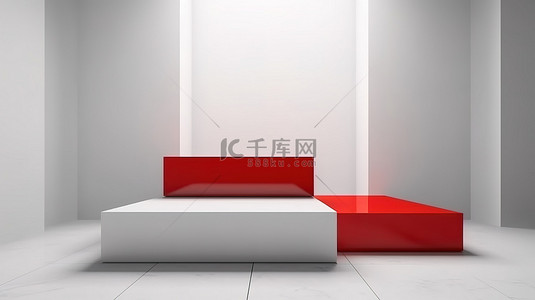 简约的空 3D 渲染方形讲台，白色和红色，用于在空白架子上展示产品