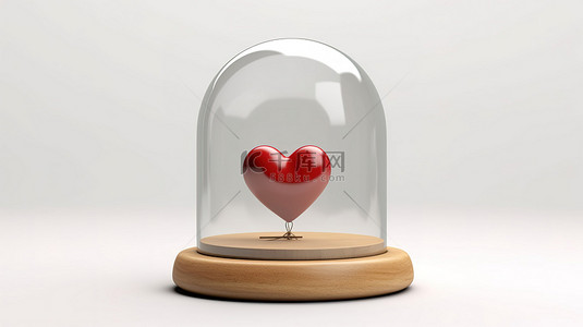 带心形和玻璃圆顶的木制讲台以白色背景下的 3D 独立插图呈现