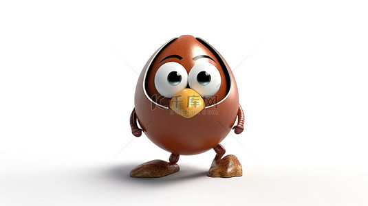 可爱自然背景图片_充满活力的棕色鸡蛋角色吉祥物，白色背景上具有 3D 抽象电池充电功能