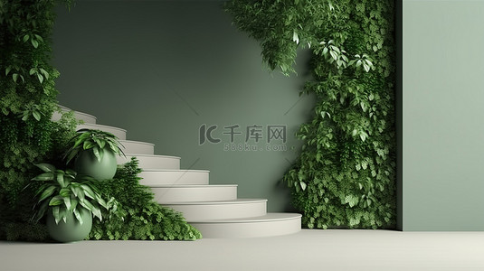 垂直花园和平台墙背景绿色场景概念的 3D 渲染