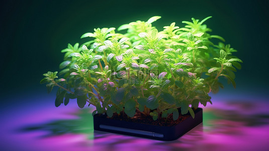 百里香植物在 LED 生长灯下茁壮成长的 3D 插图