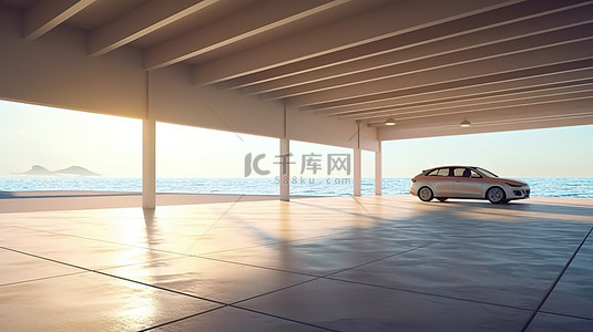 晨背景图片_海滨停车场内部 3D 渲染和插图的晨景