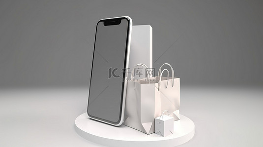 购物袋样机背景图片_电子商务概念白色空白屏幕智能手机，带 3D 插图购物袋