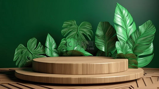 平台模式背景图片_绿色产品舞台背景 3d 木制讲台展示，装饰着树叶和充足的复制空间，令人惊叹的 3d 渲染图像