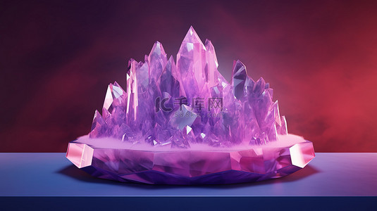 舞台模型背景图片_紫山海景令人着迷的抽象展示台，配有一组水晶 3d 渲染
