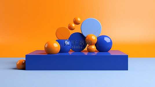 橙色背景上彩色讲台和蓝色气泡的几何优雅 3D 渲染
