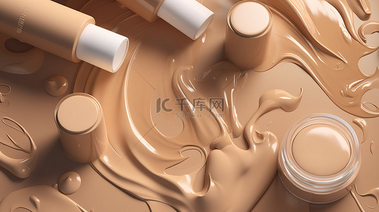 化妆插图背景图片_化妆品粉底污迹和带有米色色板的奶油罐和化妆女模特的 3d 插图