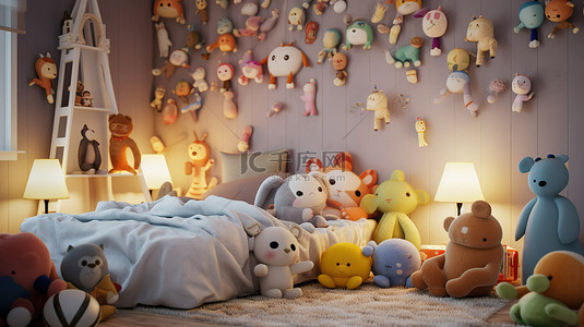 以毛绒动物和软糖枕头为特色的俏皮儿童房的 3d 渲染图