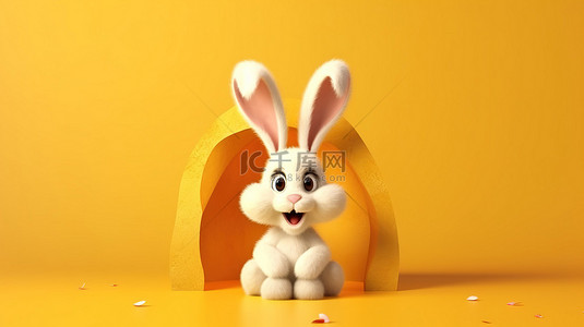 有趣的复活节兔子 3D 在阳光明媚的黄色背景上呈现毛绒兔子，非常适合发送复活节问候