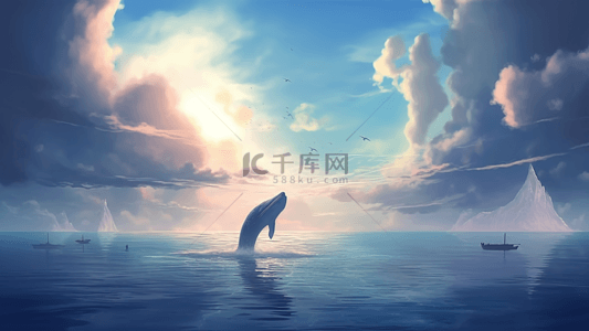 鲸鱼线描背景图片_天空蓝色海边