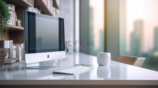 电脑桌工作台背景图片_3D 渲染桌上电脑的空白屏幕模型，办公室背景模糊
