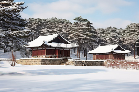 冬天雪景城堡背景图片_韩国庄园 汉城城堡 韩国