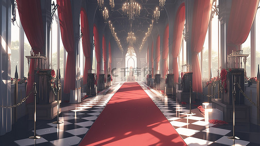 全网独家独款字背景图片_建筑走道 3D 渲染的宏伟大厅，拱形天花板和红地毯