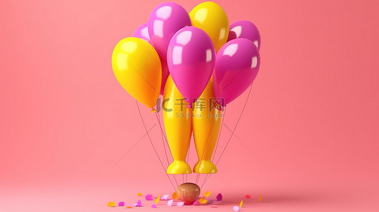 背景中带有黄色气球发射的粉色玩具火箭的 3D 渲染插图