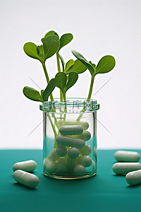 绿胶囊背景图片_药片上有一些绿芽