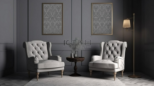 室内设计灰色扶手椅和图案地毯的 3D 渲染，环境优雅，配有框架模型和落地灯