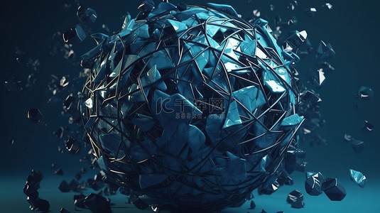 抽象 3D 渲染中具有混沌结构和低聚蓝色球体的科幻背景