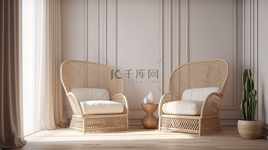 室内渲染两张生活角扶手椅，采用浅棕色织物和白色手工编织
