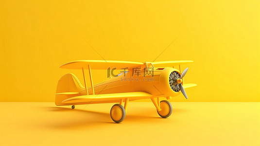 黄色背景下飞机的简约概念 3D 渲染，具有充足的复制空间