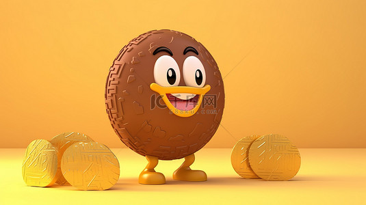 黄色数字背景上持有金色比特币的棕色鸡蛋吉祥物的 3D 渲染