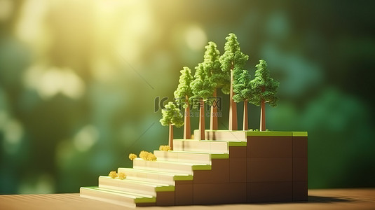 逐步背景背景图片_用树木和不断增长的条形图说明逐步成功过程的 3D 渲染