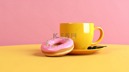 3d 柔和黄色背景上充满活力的甜甜圈和咖啡杯