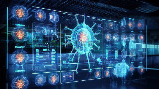 健康病毒背景图片_用于病毒检测和医学分析的高级屏幕 以 3D 呈现的智能诊断插图