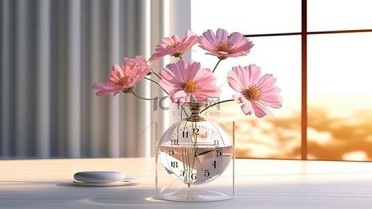 玻璃花瓶中波斯菊的 3D 渲染，带有时钟和阴影场景