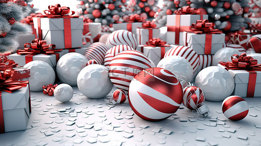 圣诞装饰品和装饰节日树的礼物的 3D 渲染