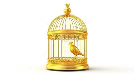 白色背景上独立站立的金色鸟笼的 3D 插图