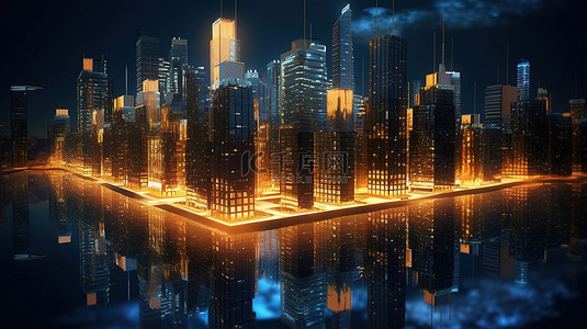 城市建筑高楼背景背景图片_发光的水照亮了迷人的 3D 夜间城市景观