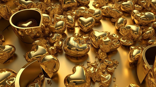 金色的心背景图片_上面的 3d 渲染金色的心和礼物的视图