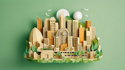 环保能源背景图片_3D 平面式纸剪出生态友好城市的插图