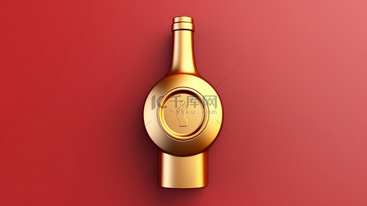 酒标背景图片_标志性酒瓶 3D 在哑光红板上呈现金色符号，用于社交媒体