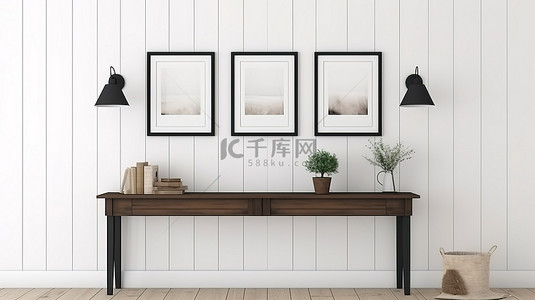 大厅样机背景图片_质朴的农舍门厅有一张木制控制台桌，靠在白墙上，配有框架模型和两个 3D 渲染的黑色方形框架
