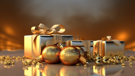 金色玻璃和礼物以令人惊叹的 3D 渲染装饰优雅的圣诞背景