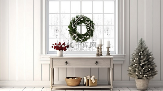 质朴的圣诞门厅木控制台桌靠白墙室内设计模拟 3d 模型
