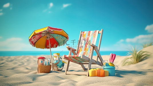 多彩假期背景图片_围绕沙滩椅的多彩夏季海滩元素的 3D 渲染完美代表了夏季