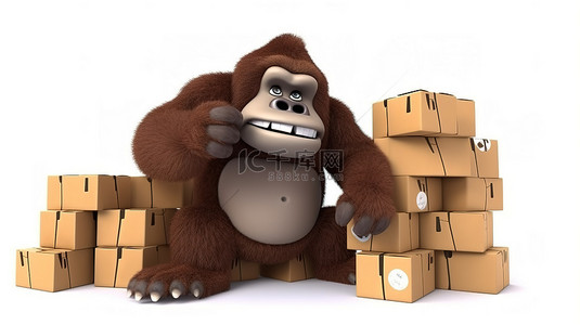 盒子刀模图背景图片_有趣的 3D 大猩猩抓着包