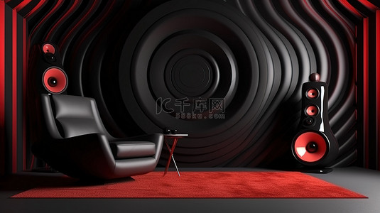 消息系统背景图片_现代黑色内饰，配有时尚的黑色和红色扬声器系统以及 3D 渲染的扶手椅